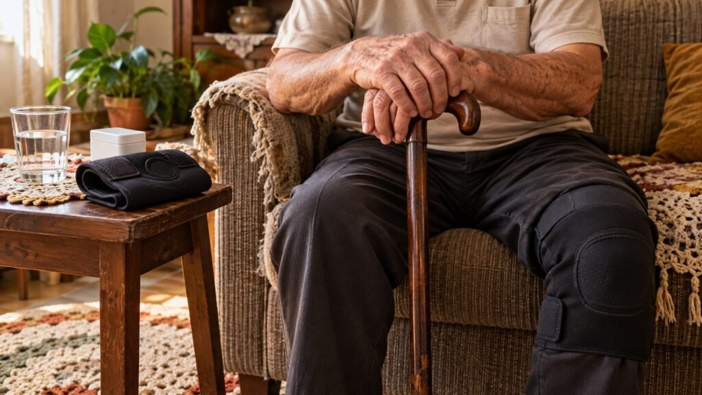 Homem mais velho sentado no sofá com as mãos sobre a bengala, tema da aposentadoria por incapacidade permanente